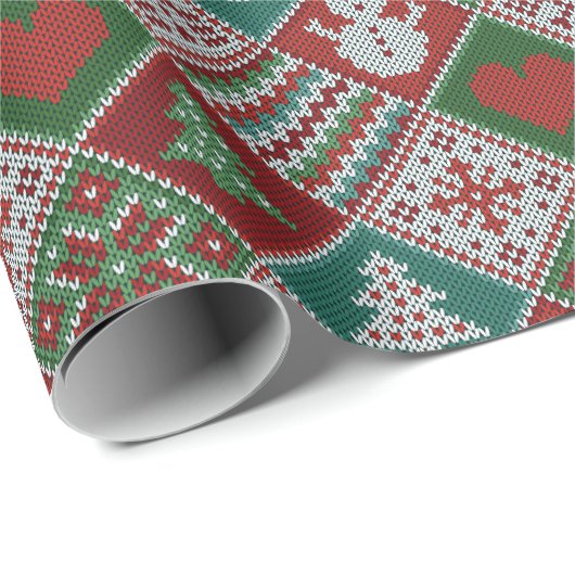 赤い緑の白いニットフェイククリスマスパターン ラッピングペーパー (ロールコーナー)