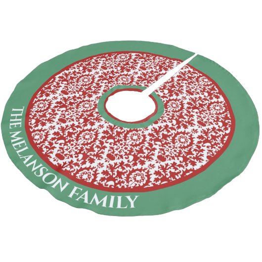 赤い緑の白いフローラダマスククリスマスツリースカート ブラッシュドポリエステルツリースカート (アングル)