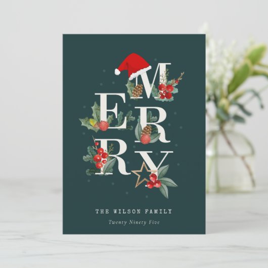 赤い緑の白いメリークリスマスの葉の写真 シーズンカード (スタンド正面)