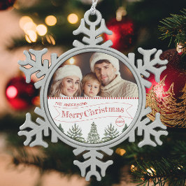 赤い緑の白い冬の木メリークリスマス スノーフレークピューターオーナメント