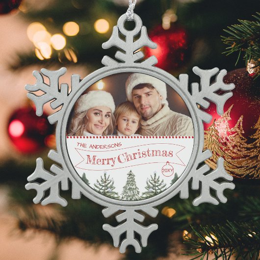 赤い緑の白い冬の木メリークリスマス スノーフレークピューターオーナメント