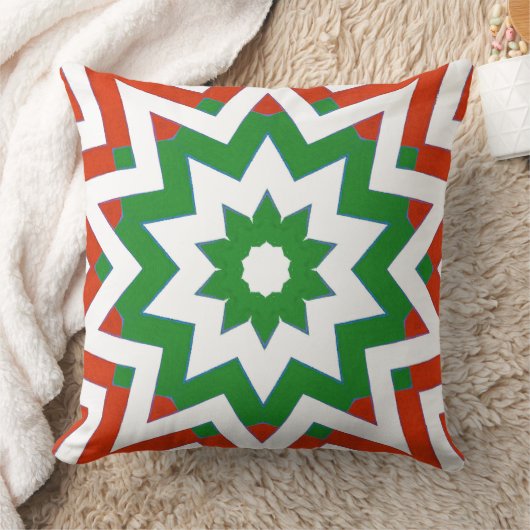 赤い緑の白い幾何学模様のシェイプ枕 クッション (ブランケット)