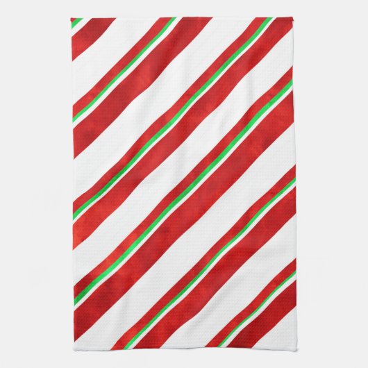 赤い緑の白い水の色キャンディーケインストライプズ キッチンタオル (縦)