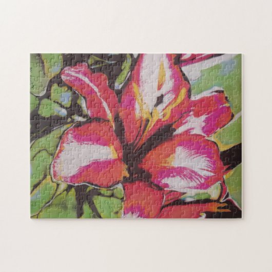 赤い緑の白と黒のユリの花抽象芸術 ジグソーパズル (横)