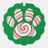 赤い緑の白のペパーミント渦巻犬の足 オーナメントカード (裏面)