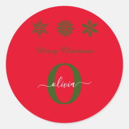赤い緑の白のモノグラムのスクリプトメリークリスマス ラウンドシール