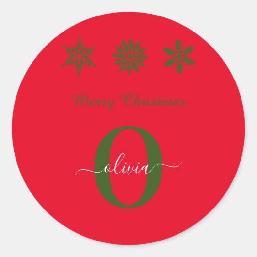 赤い緑の白のモノグラムのスクリプトメリークリスマス ラウンドシール (正面)
