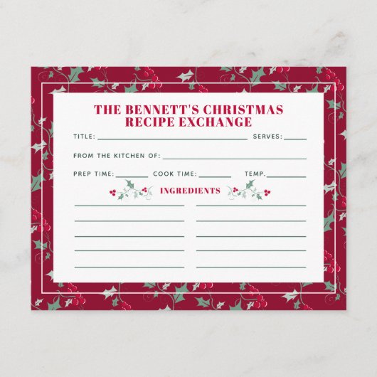 赤い緑の神聖な果実の季節のレシピカード エンクロージャーカード (正面)