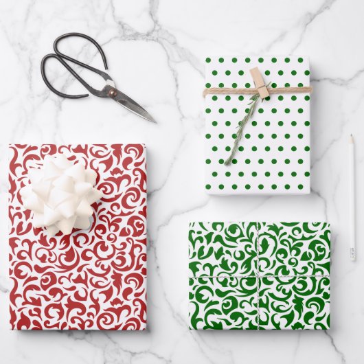 赤い緑の色のダマスクの水玉模様を鮮明な白に ラッピングペーパーシート (正面)