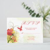 赤い緑の花+蝶の結婚式rsvp返信 出欠カード (スタンド正面)