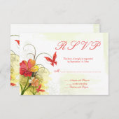 赤い緑の花+蝶の結婚式rsvp返信 出欠カード (正面/裏面)