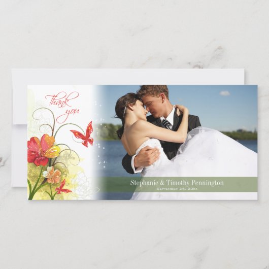赤い緑の花+蝶結婚の感謝していあなた サンキューカード (正面)
