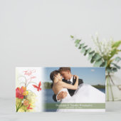 赤い緑の花+蝶結婚の感謝していあなた サンキューカード (スタンド正面)