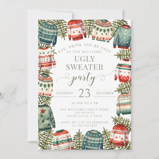 赤い緑の醜いセータークリスマスパーティの招待状 招待状 (正面)