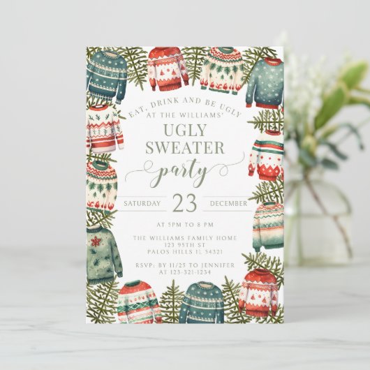 赤い緑の醜いセータークリスマスパーティの招待状 招待状 (スタンド正面)