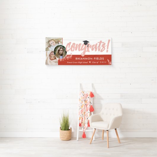 赤い緑の重なる写真おめでとう卒業 横断幕 (インサイチュ)