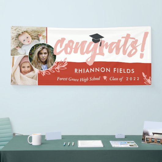 赤い緑の重なる写真おめでとう卒業 横断幕 (トレードショー)