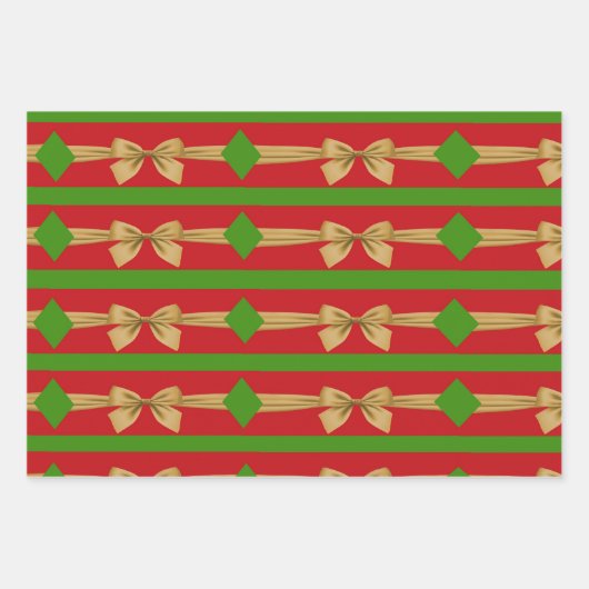赤い緑の金ゴールドがクリスマスを祝う ラッピングペーパーシート (正面)