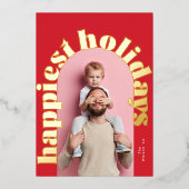 赤い緑の金ゴールドはっきりした文字アーチ写真クリスマス 箔シーズンカード (正面)