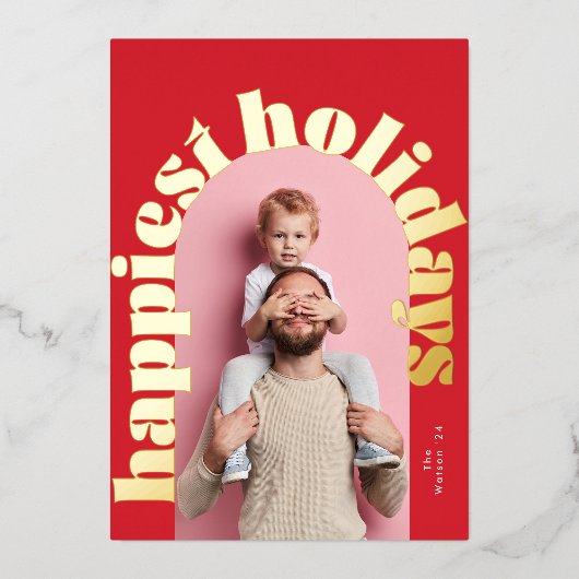 赤い緑の金ゴールドはっきりした文字アーチ写真クリスマス 箔シーズンカード (正面)