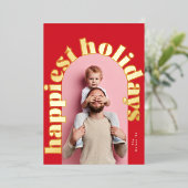 赤い緑の金ゴールドはっきりした文字アーチ写真クリスマス 箔シーズンカード (立ち正面)