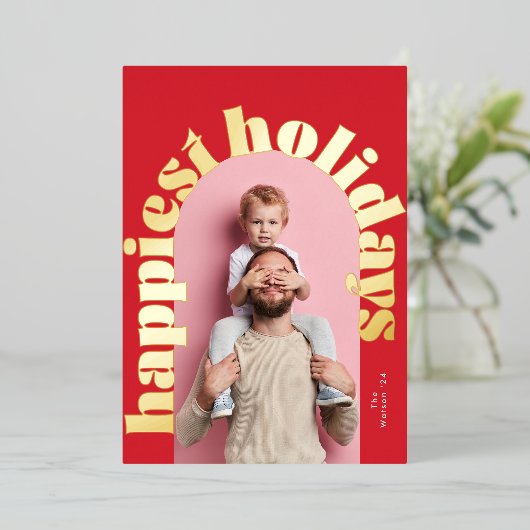 赤い緑の金ゴールドはっきりした文字アーチ写真クリスマス 箔シーズンカード (立ち正面)