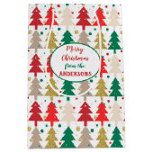 赤い緑の金ゴールドクリスマスツリー円パターン ミディアムペーパーバッグ (正面)