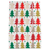 赤い緑の金ゴールドクリスマスツリー円パターン ミディアムペーパーバッグ (裏面)