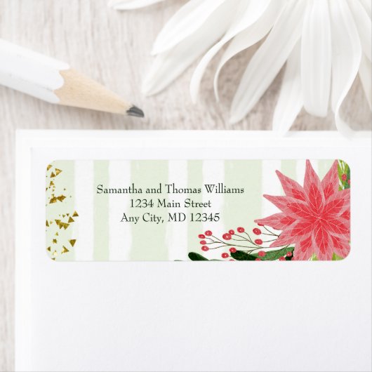 赤い緑の金ゴールドスパークルポインセチアのクリスマスリターン ラベル (インサイチュ)