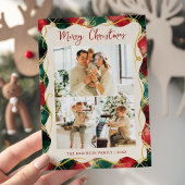 赤い緑の金ゴールド格子模様メリークリスマスフォト シーズンカード