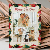 赤い緑の金ゴールド格子模様メリークリスマスフォト シーズンカード