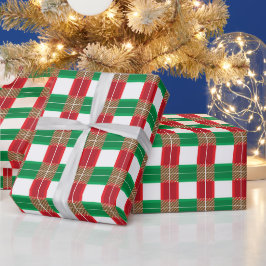 赤い緑の金ゴールド白いクリスマスプレッドパターン ラッピングペーパー