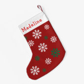赤い緑の雪片かわいい名前 スモールクリスマスストッキング (裏面 (吊り時))