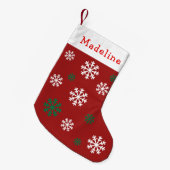 赤い緑の雪片かわいい名前 スモールクリスマスストッキング (正面 (吊り時))