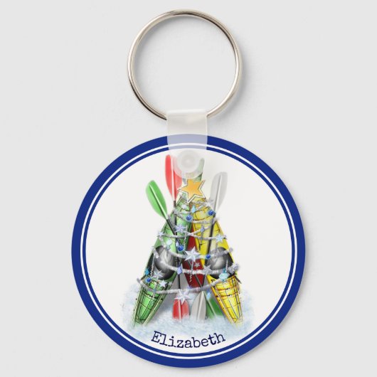 赤い緑の黄色のカヤッククリスマスツリーパーソナライズされた キーホルダー (正面)