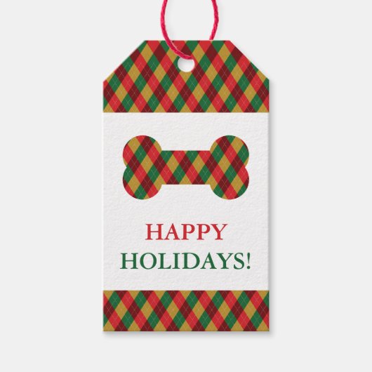 赤い緑の黄色のフェスティバルアーガイルパターン犬の骨 ギフトタグ (正面)