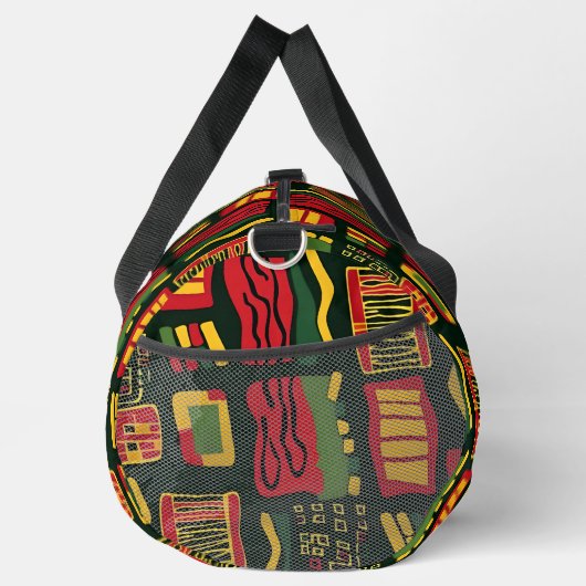 赤い緑の黄色の黒い抽象芸術幾何学的 ダッフルバッグ (右)