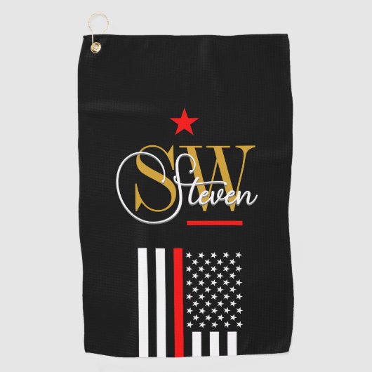 赤い線とモノグラムの名前/署モダン名 ゴルフタオル (正面)