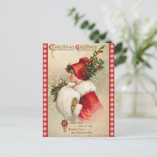 赤い縁どヴィンテージの雪片のクリスマス シーズンポストカード (スタンド正面)