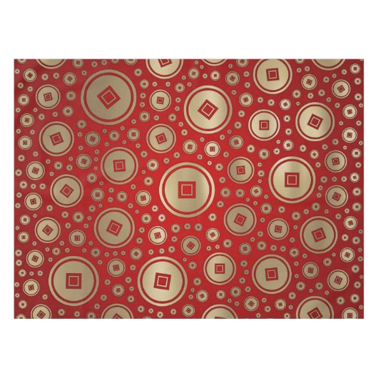 赤い縁起の金ゴールド中国の硬貨の模様 テーブルクロス (正面(横))