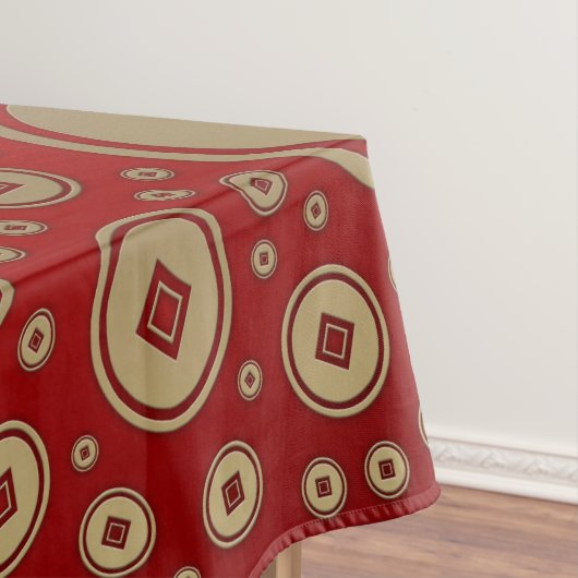 赤い縁起の金ゴールド中国の硬貨の模様 テーブルクロス (インサイチュ)