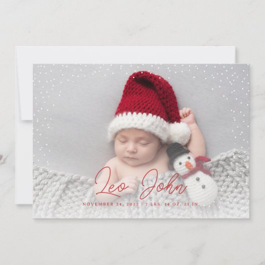 赤い繊細な雪フルフォトクリスマスベビー シーズンカード (正面)