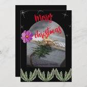 赤い聖降誕祭タイポグラフィの緑の葉 シーズンカード (正面/裏面)