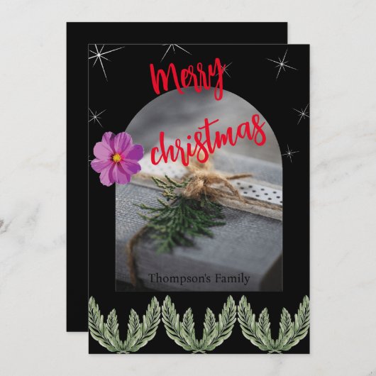 赤い聖降誕祭タイポグラフィの緑の葉 シーズンカード (正面/裏面)