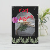 赤い聖降誕祭タイポグラフィの緑の葉 シーズンカード (スタンド正面)