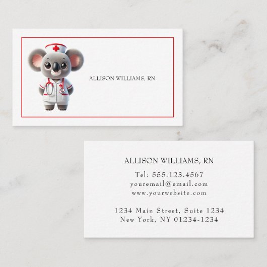 赤い聴診器を持つ可愛いコアラナース 名刺 (正面/裏面)