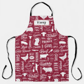 赤い肉屋が全面プリント エプロン (正面)