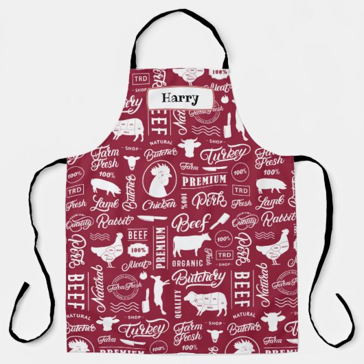 赤い肉屋が全面プリント エプロン (正面)