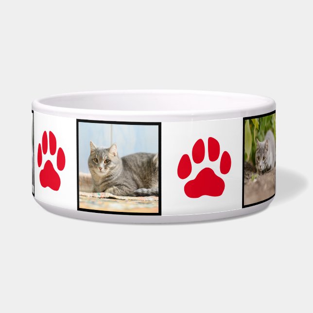 赤い肉球の足跡と5つの画像の猫の写真コラージュ ボウル (正面)