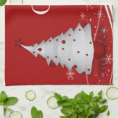 赤い背景と白い木のクリスマス キッチンタオル (折り畳み)